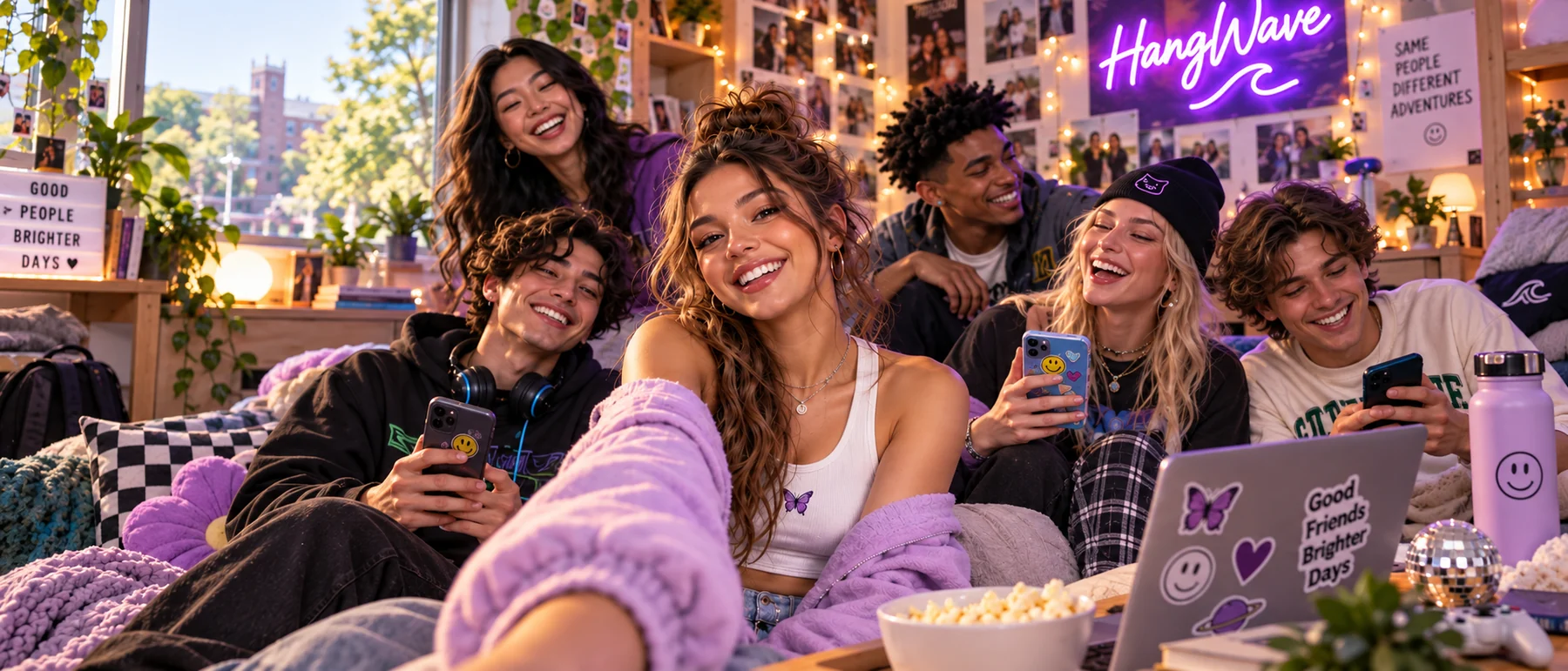 Friends hanging out together with phones and laptops for HangWave