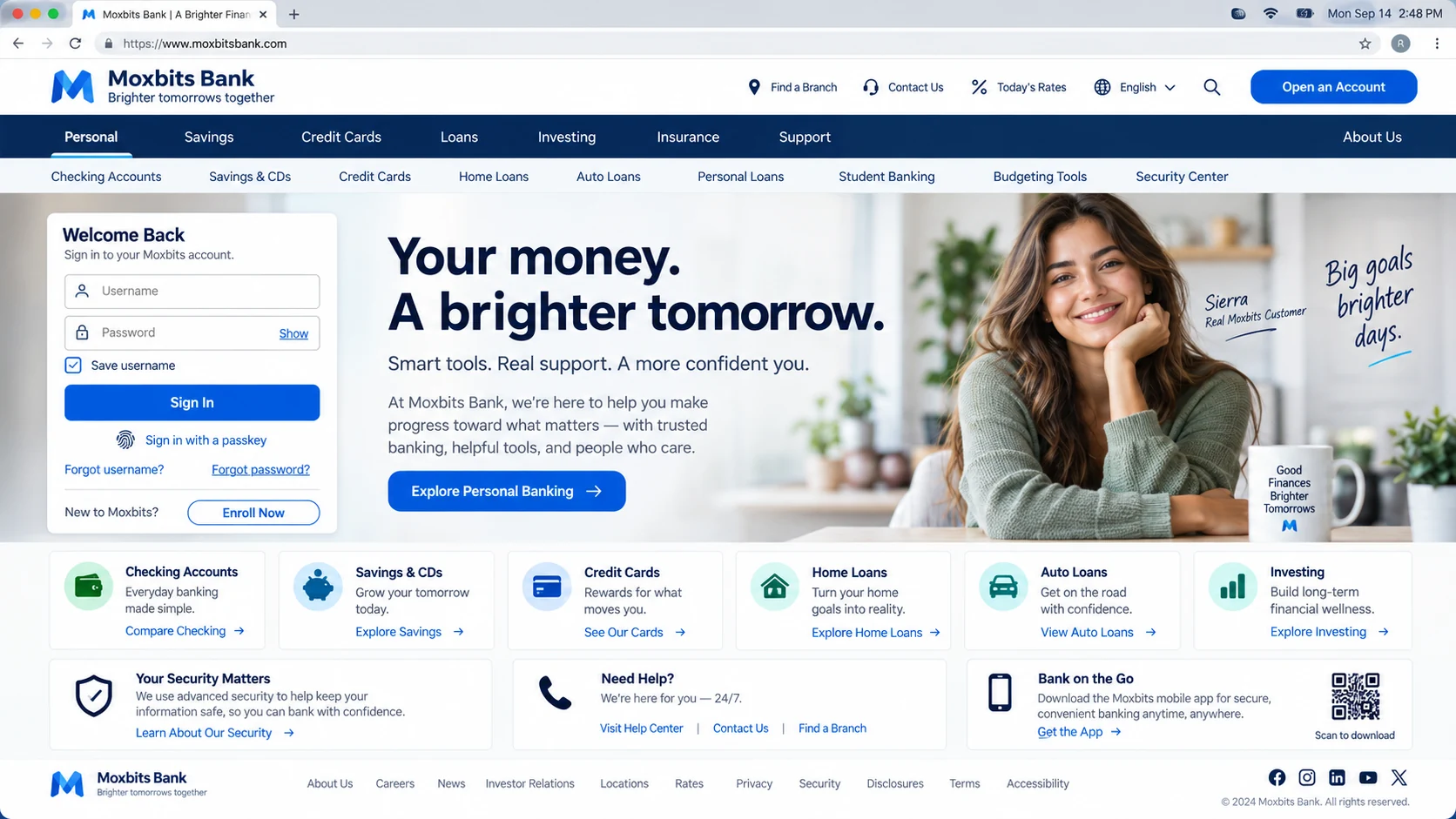 Moxbits banking-style homepage